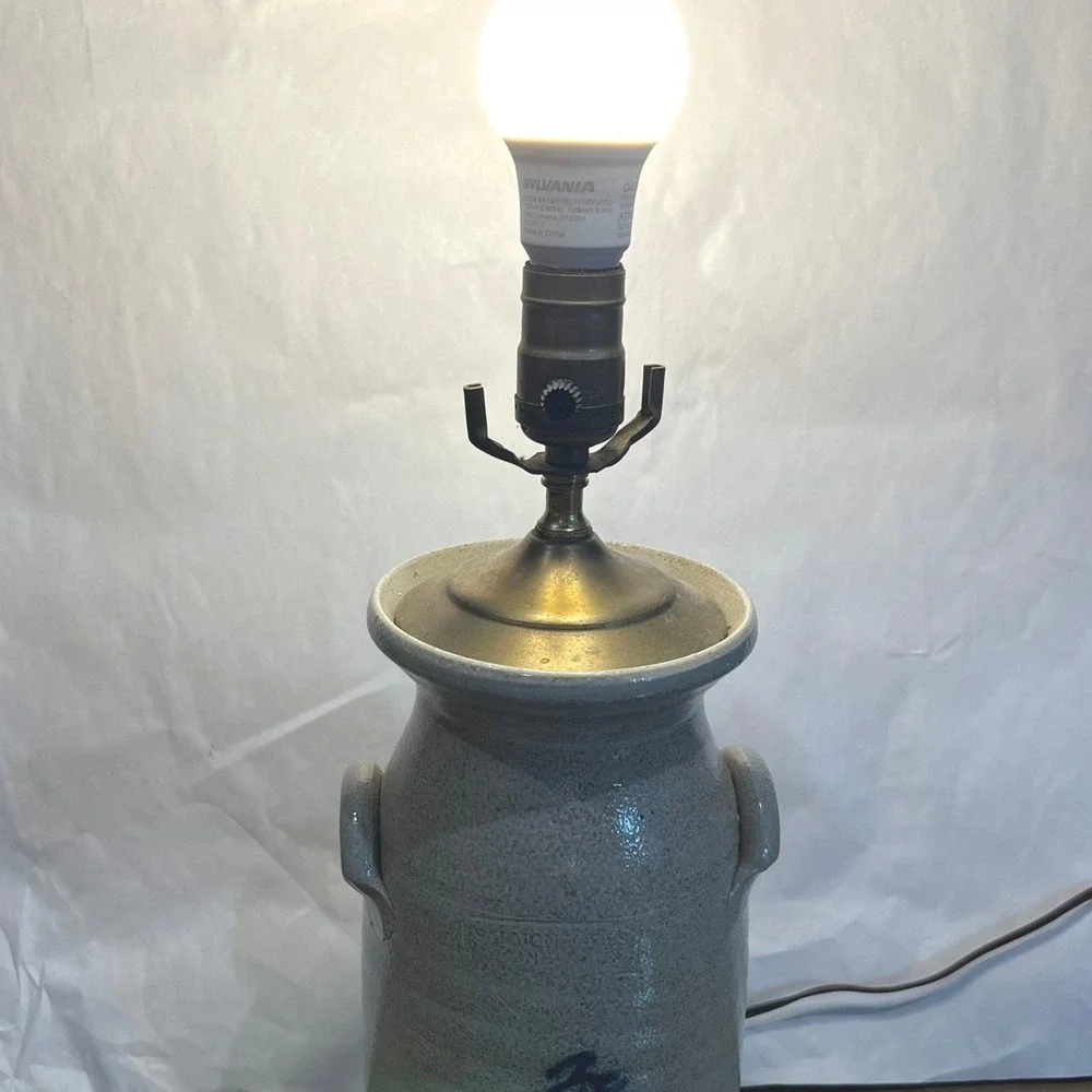 Salmon Falls Stoneware Crock Lamp Cobalt Blue Bird Motif Dover NH Salt Glaze